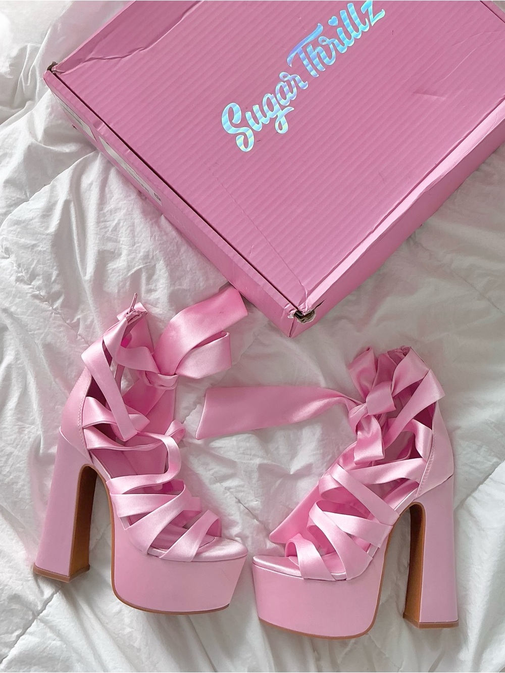 Sugar Thrillz Pink Satin Platform Lace-Up Heels Ballet shoes pumps NIB